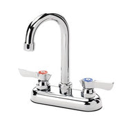 Chrome kitchen faucet with dual handles, curved spout, and deck-mounted base.