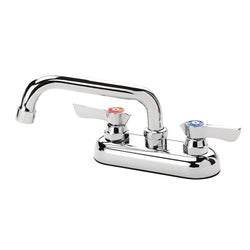 Chrome bar sink faucet with two handles, deck-mounted spout, and lever controls.