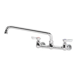 Chrome wall-mounted bathroom faucet with dual handles and curved spout.