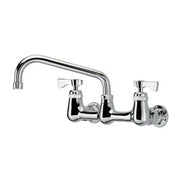 Chrome wall-mounted kitchen faucet with dual handles and curved spout.