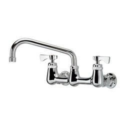 Chrome wall-mounted kitchen faucet with dual handles and curved spout.