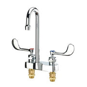 Chrome 2-handle deck-mounted lavatory faucet with curved spout and lever handles.