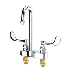 Chrome 2-handle deck-mounted lavatory faucet with curved spout and lever handles.