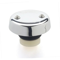 Chrome and white vacuum breaker cap with mounting screws and cream-colored base fitting.