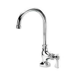 Chrome deck-mounted pantry faucet with curved spout and single lever handle.