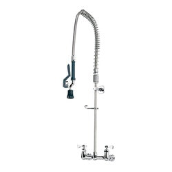 Chrome wall-mounted pre-rinse kitchen faucet with coiled hose and spray head.