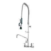 Chrome wall-mounted pre-rinse kitchen faucet with flexible hose and spray head.