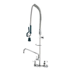 Chrome wall-mounted pre-rinse kitchen faucet with flexible hose and spray head.