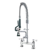 Chrome pre-rinse kitchen faucet with coiled spray head and deck-mounted base.