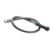 Stainless steel pre-rinse hose with black grip handle and metal connectors, coiled against white background.