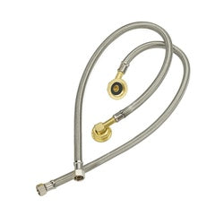 Flexible water line kit with gray tubing, brass swivel connectors, and metal fitting on white background.