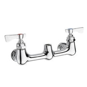 Chrome wall-mounted faucet with dual handles, curved spout, and pre-rinse spray attachment.