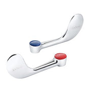 Two wrist blade handles with curved white bodies and blue and red caps on measurement cups.