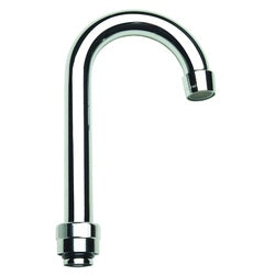 Chrome gooseneck spout with curved neck and threaded base connection.
