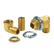 Brass plumbing fittings including elbows, connectors, and washers arranged on white background.