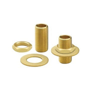 Brass mounting kit components including threaded studs, washers, and flanged nuts arranged on white background.