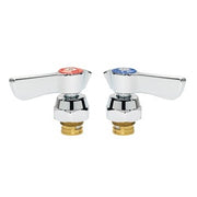 Two chrome faucet valve cartridges with red and blue ceramic handles and brass bases.