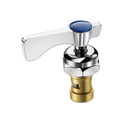 Chrome and brass cold water cartridge valve with blue ceramic handle and wide lever arm.