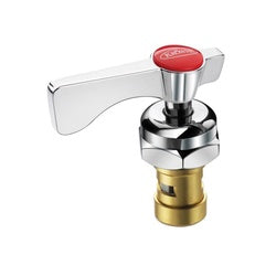 Chrome faucet cartridge valve with red handle and brass base component on white background.