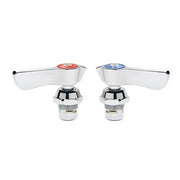 Two quarter turn ceramic valve repair kits with red and blue handles and chrome bases on white background.