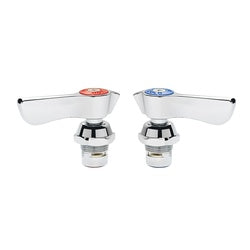 Two quarter turn ceramic valve repair kits with red and blue handles and chrome bases on white background.