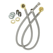 Stainless steel flexible water line kit with braided hoses, brass fittings, and connectors.
