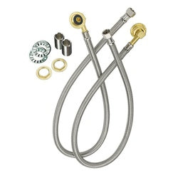 Stainless steel flexible water line kit with braided hoses, brass fittings, and connectors.