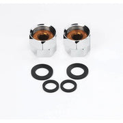 Two chrome quick-connector heads with brass interior and four black rubber washers.