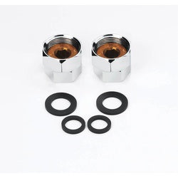 Two chrome quick-connector heads with brass interior and four black rubber washers.