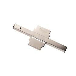 Stainless steel waste drain installation tool with rectangular head and cylindrical shaft on white background.
