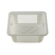 Clear plastic strainer basket with handles and ribbed bottom panel.