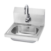 Stainless steel rectangular hand sink with electronic sensor faucet and gooseneck spout mounted on backsplash.