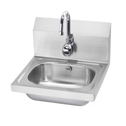 Stainless steel rectangular hand sink with electronic sensor faucet and gooseneck spout mounted on backsplash.