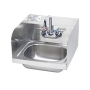 Stainless steel wall-mounted hand sink with chrome faucet and backsplash, silver finish.