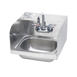 Stainless steel wall-mounted hand sink with chrome faucet and backsplash, silver finish.