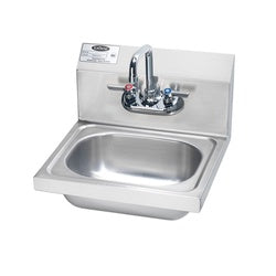Stainless steel wall-mounted hand sink with chrome faucet and soap dispenser.