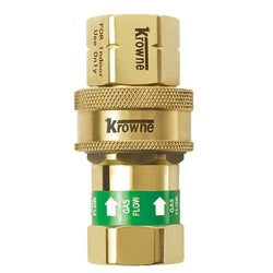 Brass quick disconnect coupling with green grip band and 3/4 inch female connections.
