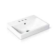 White rectangular countertop basin with single faucet hole and overflow drain.