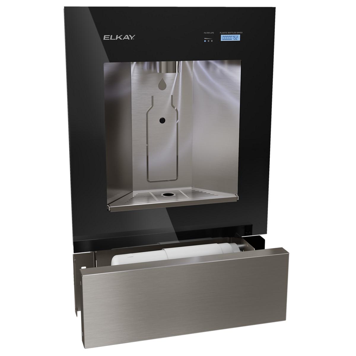 Elkay ezH2O Liv midnight filtered water dispenser with black upper panel, stainless steel lower drawer, and digital display.