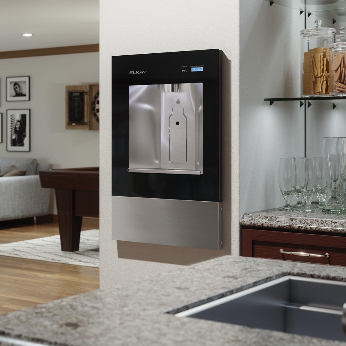 Black and stainless steel Elkay water dispenser built into kitchen wall with chrome spout and digital display.
