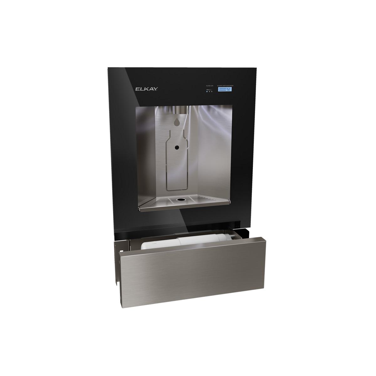 Elkay ezH2O Liv water filtration system with black upper unit and stainless steel lower compartment.