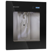 Elkay ezH2O Liv black built-in water dispenser with stainless steel dispensing area, digital display, and remote chiller unit