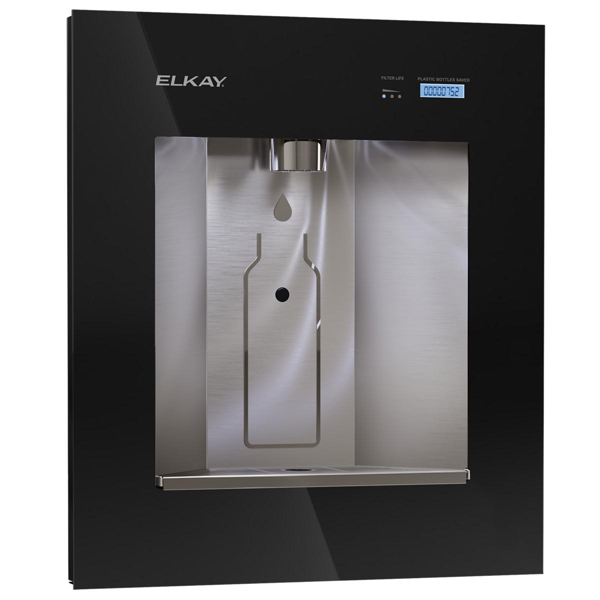Elkay ezH2O Liv black built-in water dispenser with stainless steel dispensing area, digital display, and remote chiller unit