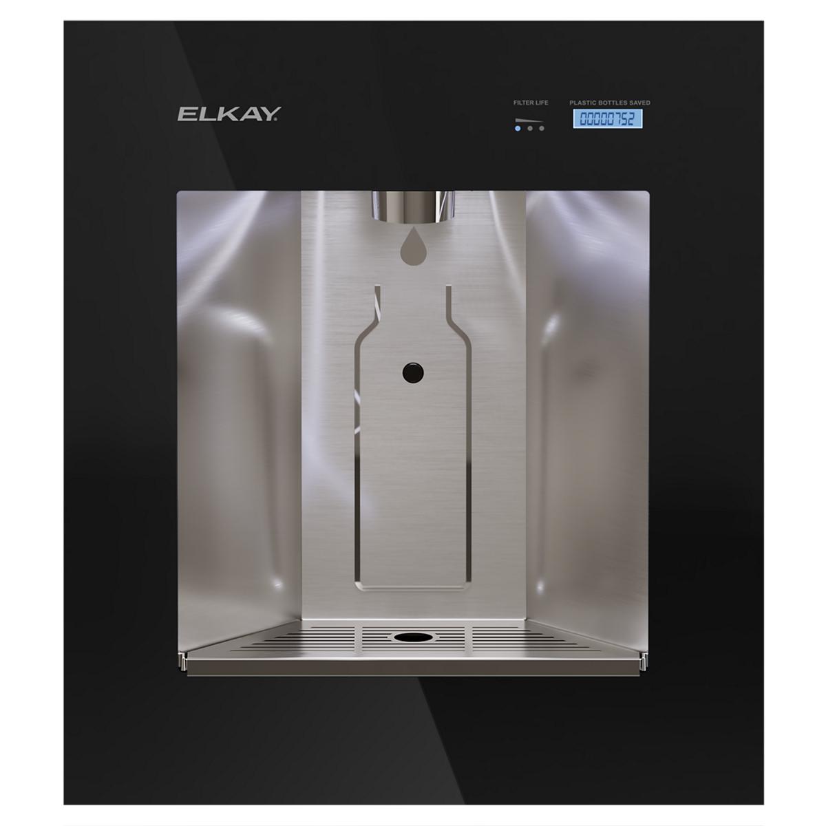 Elkay ezH2O Liv midnight black water dispenser with stainless steel interior, digital display, and filtered water spout.
