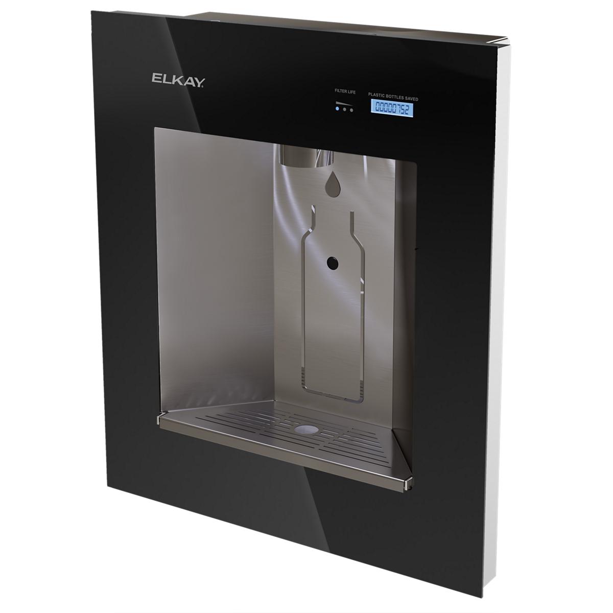 Elkay built-in water dispenser with black front panel, stainless steel interior, digital display, and drip tray.