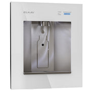 Aspen white Elkay ezH2O Liv wall-mounted filtered water dispenser with stainless steel interior and digital display panel.