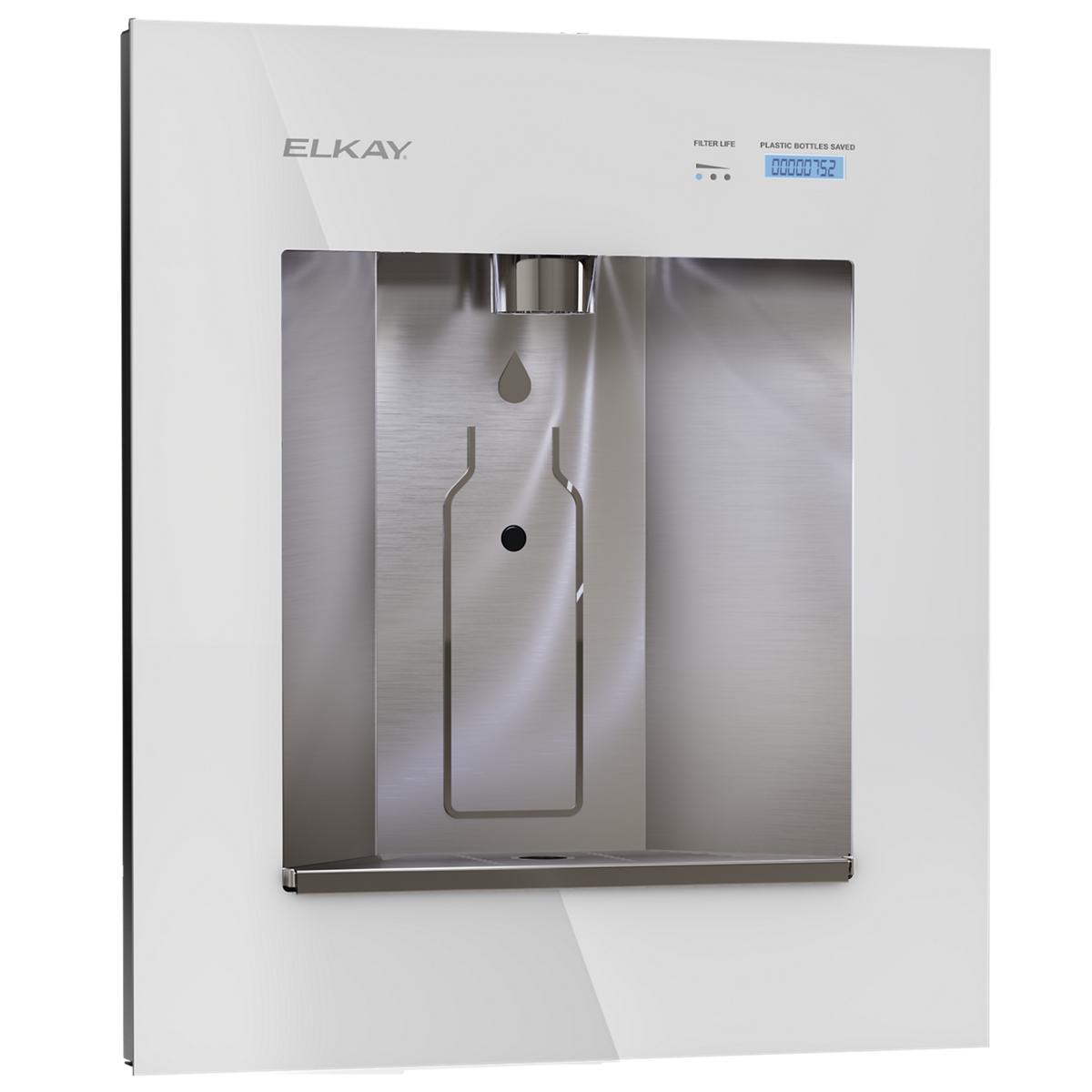 Aspen white Elkay ezH2O Liv wall-mounted filtered water dispenser with stainless steel interior and digital display panel.