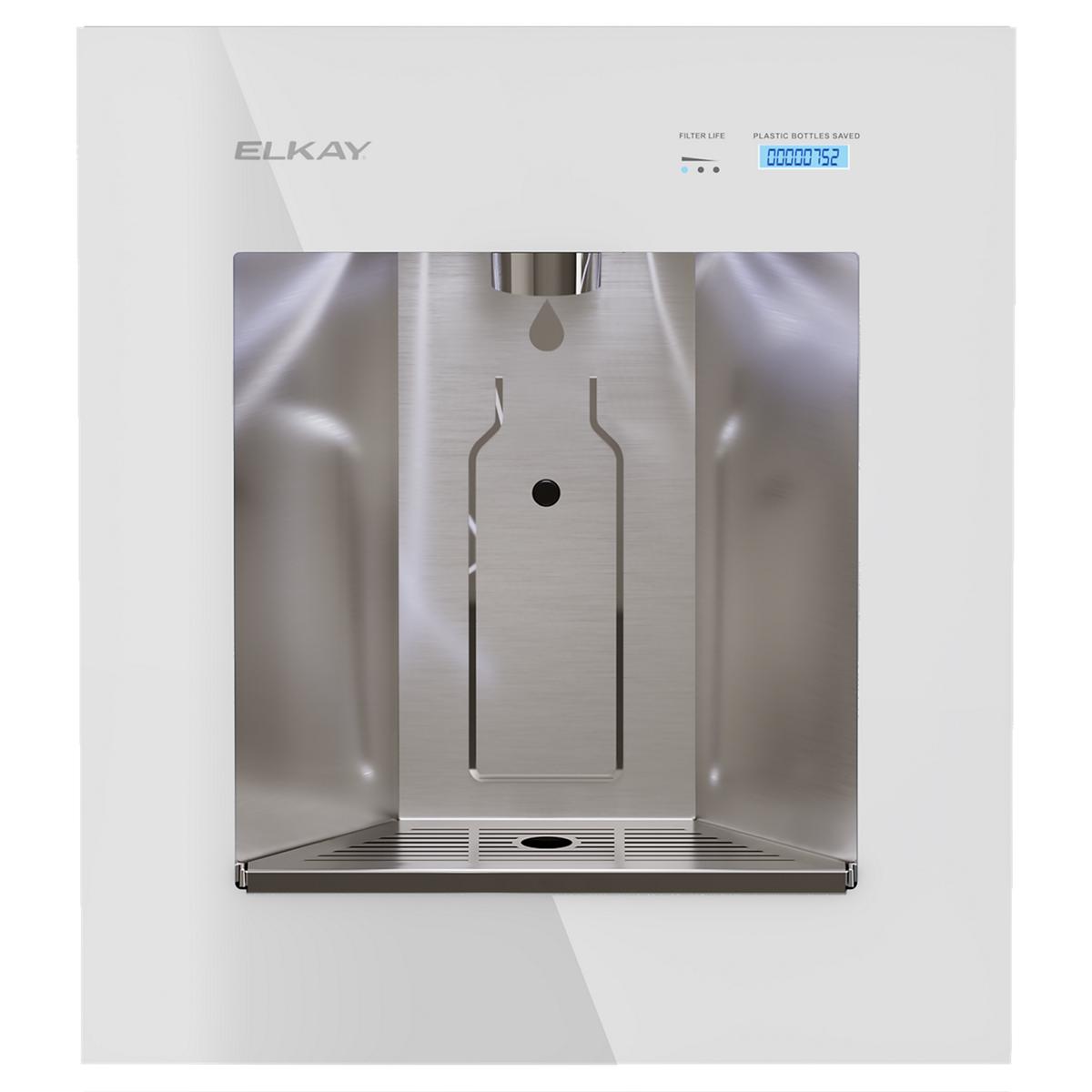 White Elkay water dispenser with stainless steel interior, digital display showing filter life and bottle count, and dispensi