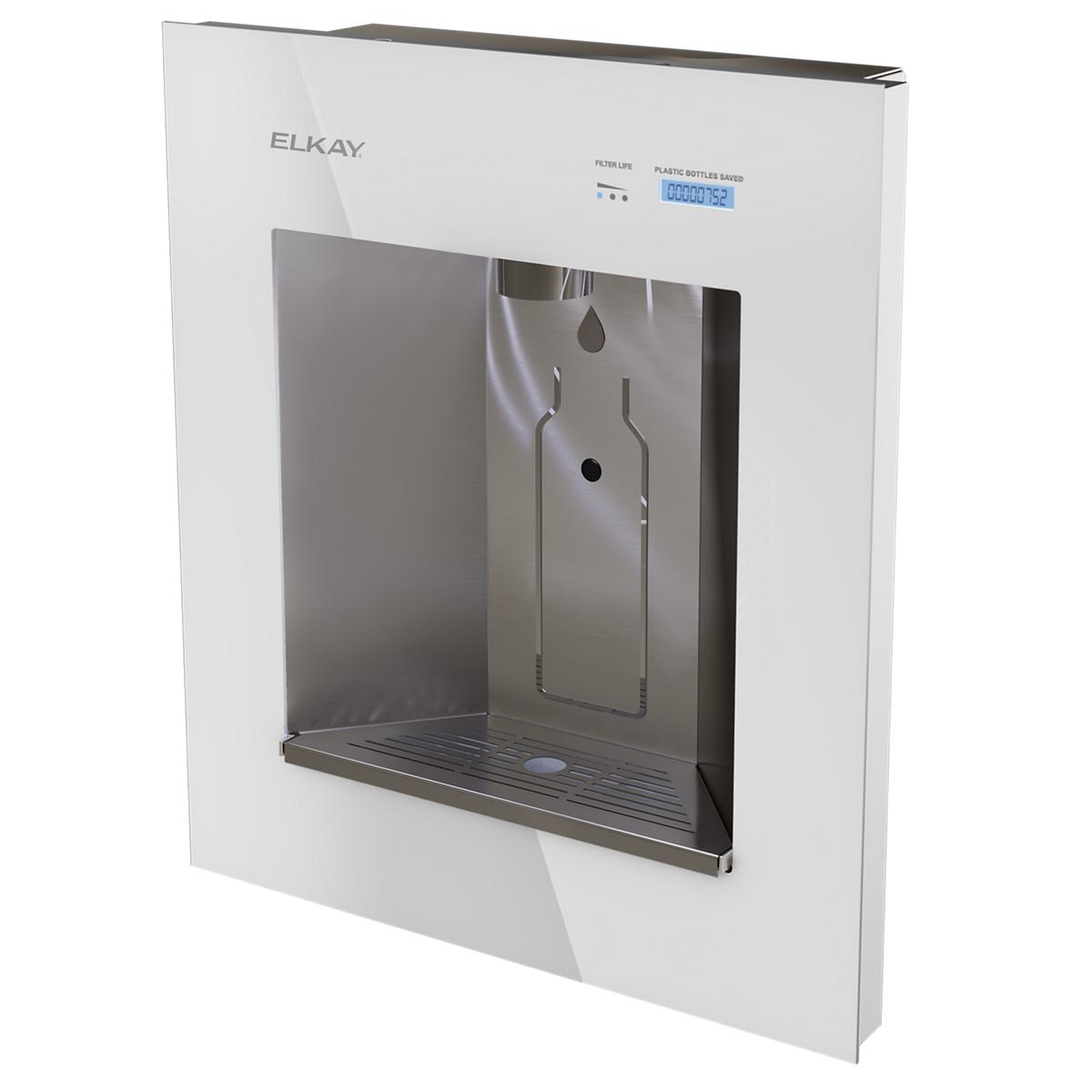 Aspen white Elkay filtered water dispenser with stainless steel interior, digital display, and drip tray.