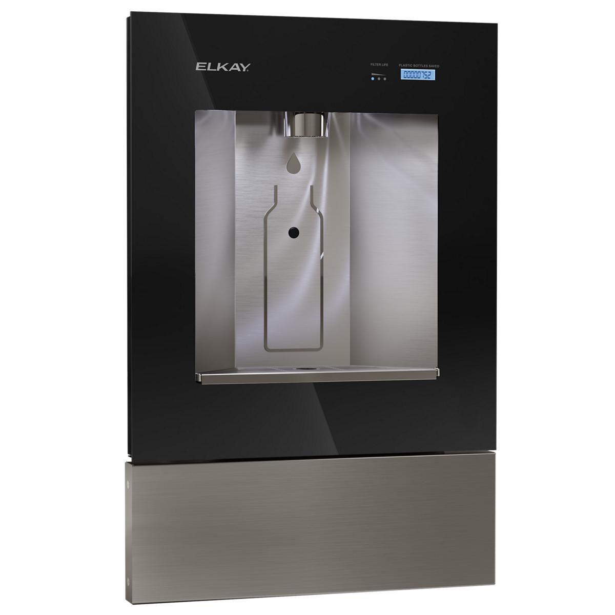 Elkay ezH2O Liv Pro in-wall water dispenser with black front panel, stainless steel interior, digital display, and gray base.